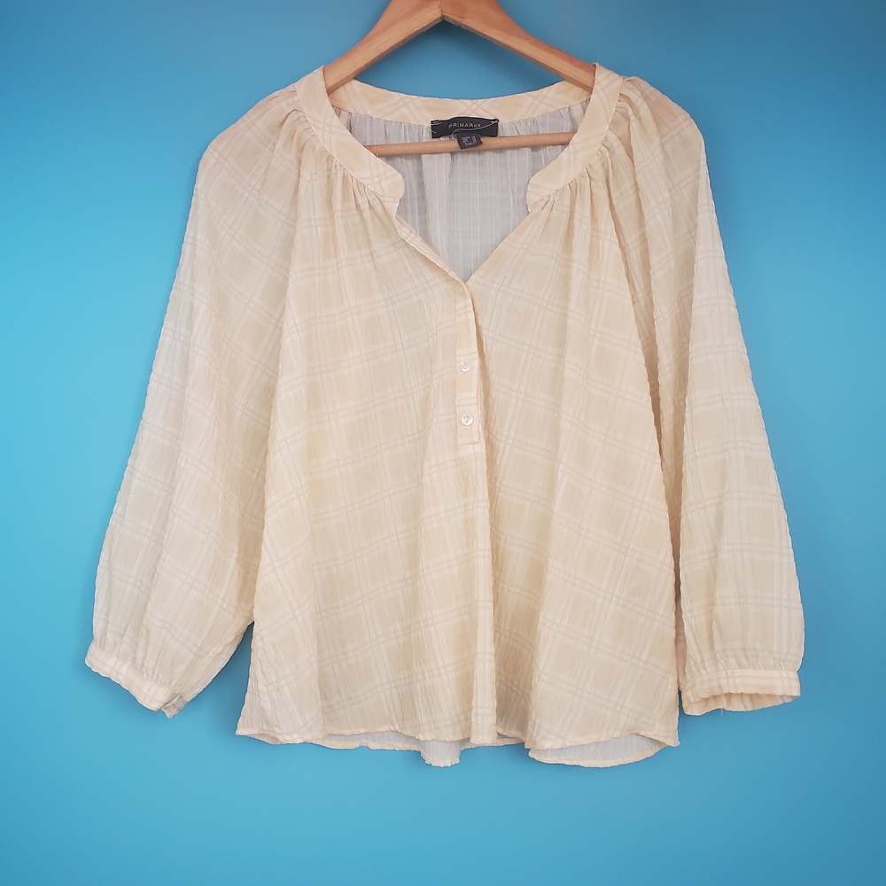 Primark Blouse Size 10 Light Yellow & White V-Neck